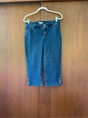 Chico's Dark Blue Denim Capris with Rhinestone Button